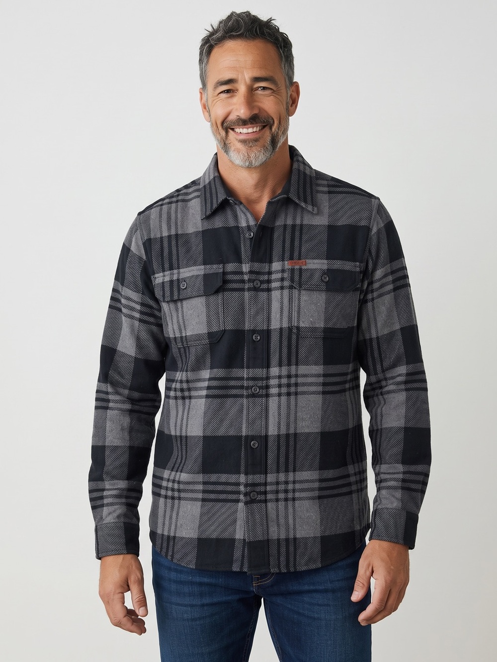 Orvis Men’s Plaid Flannel Shirt Jacket Shacket Black Gray Pockets